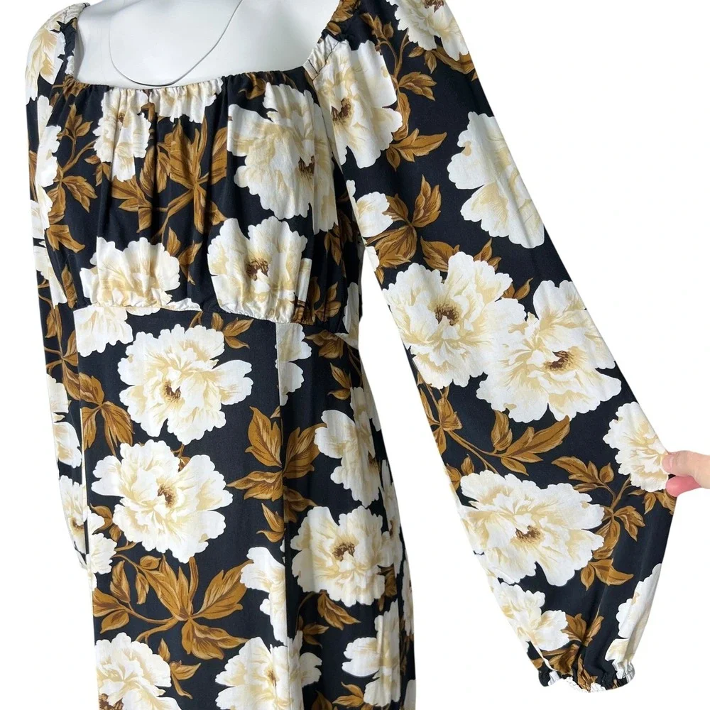 Old Navy Dark Floral Maxi Dress L Black White Brown Milkmaid Square Neck - Picture 5 of 11